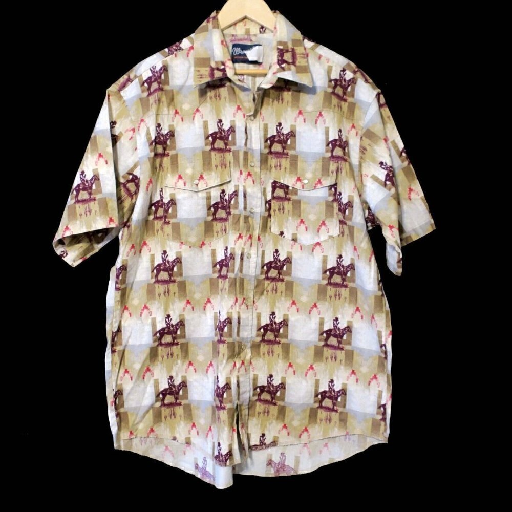 Vintage Wrangler Pearl Snap Western Cowboy Rodeo Print Button Up Shirt Men's XL - Picture 1 of 4